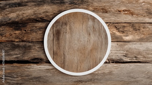 A round wooden coaster on a rustic wooden surface. The coaster has a white border and a natural wood texture in the center. mockup