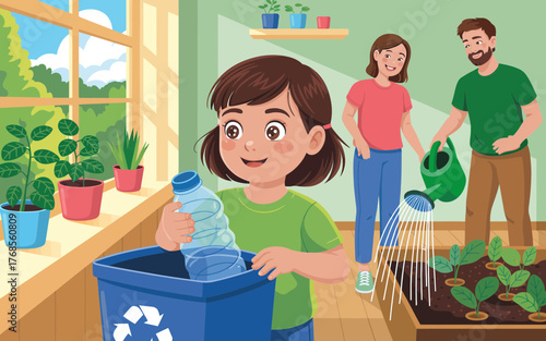 Young girl places plastic bottle in recycling bin with family helping home gardening