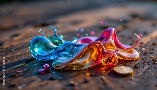 Vibrant Colorful Liquid Blobs with Shiny Surface and Light Reflections on a Wooden Background