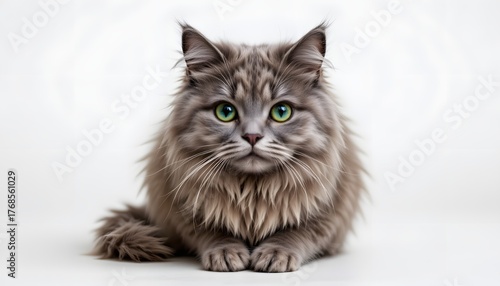 Fluffy Grey Cat with Striking Green Eyes and Whiskers Relaxing on a Soft Background