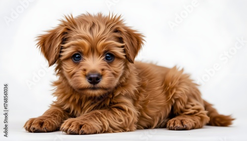 Adorable Brown Puppy Lying on Soft White Background with a Playful Expression