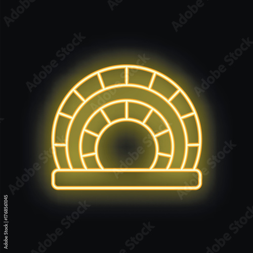 Glowing neon line icon representing a pizza oven, with a rounded shape and a base, on a black background