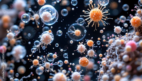 Colorful Microorganisms and Bubbles Floating in Dark Background from Closeup Perspective
