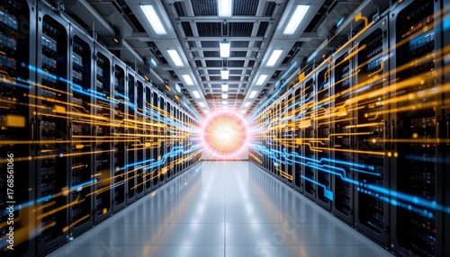 Futuristic Data Center Interior with Dynamic Light Trails Representing Data Transmission