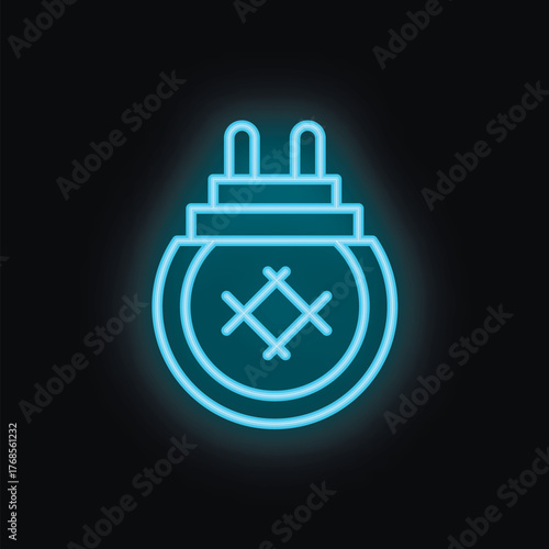 Glowing blue neon icon of a standard electrical plug symbolizing energy and electricity
