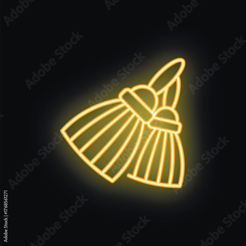 Neon sign of two witch's broomsticks glowing yellow on black background, perfect for halloween themes