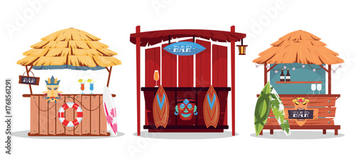 Set of beach bars in cartoon style. Vector illustration of thatched roof bars, counters, cocktails, straws, umbrellas, bottles, surfboards, inflatable ring, tiki masks isolated on white background.
