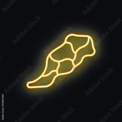 Yellow neon sign illuminating the silhouette of a ginger root on a black background