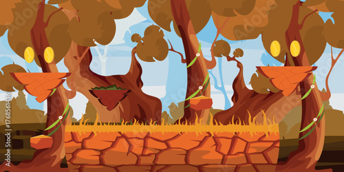 Vector illustration of autumn landscape for game. Cartoon scene of natural forest landscape with trees entwined with vines, flowers, separate areas of land with gold coins, grass, cracked ground.