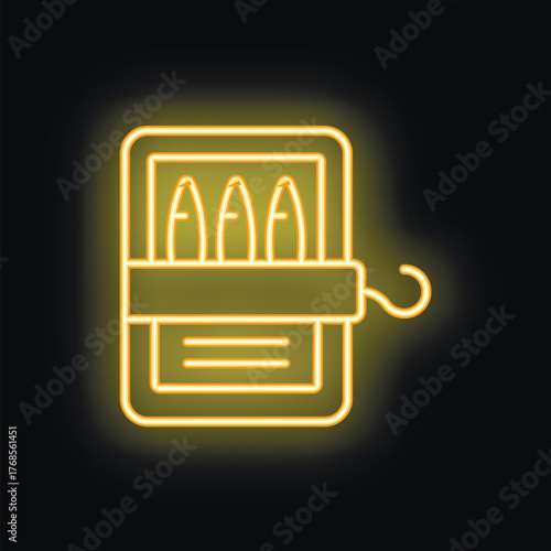 Neon yellow glowing sardine tin can with hook on a black background
