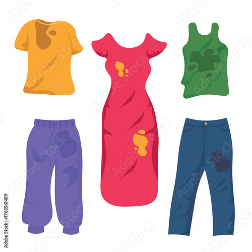 Set of various stained clothes in cartoon style. Vector illustration of colored stained, dirty clothes: t-shirt, tank top, dress, pants isolated on white background. Clothes that need washing.
