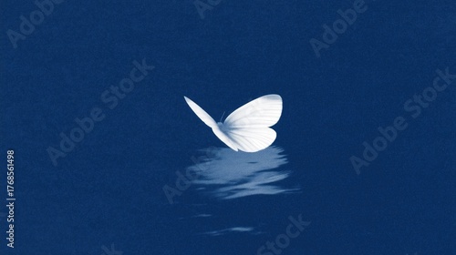 White Butterfly With Reflection On Deep Blue Background, Abstract Minimalist Art Ideal For Wallpaper, Poster, And Creative Design Concepts