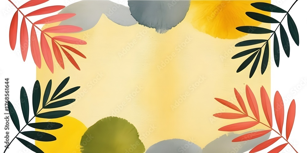 Fototapeta premium Abstract autumn leaves and shapes border on yellow background