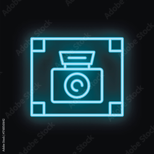 Blue neon icon of a camera taking a photo on a black background