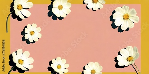 White daisy flowers arranged on a pink and yellow background