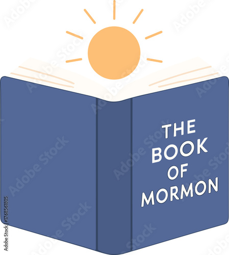 An isometric illustration of the Book of Mormon with a glowing sun above it, symbolizing enlightenment, faith, and divine inspiration.