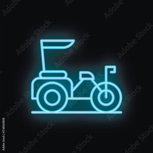 Blue neon sign depicting a golf cart on a black background