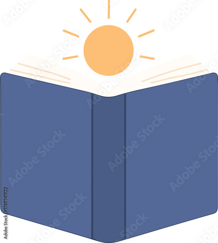 An open blue book with a glowing sun above it, symbolizing knowledge, enlightenment, and spiritual awakening.