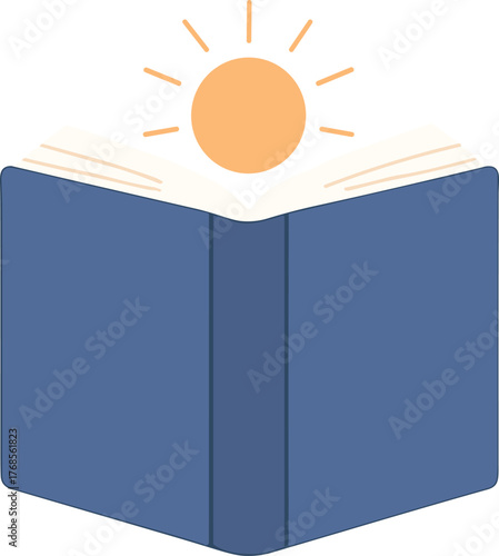 An open blue book with a glowing sun above it, symbolizing knowledge, enlightenment, and spiritual awakening.