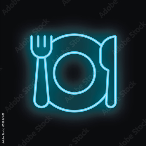 Blue neon sign of empty plate with fork and knife glowing on black background