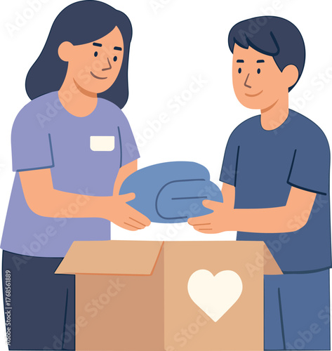 A flat illustration of two people donating clothes into a charity box, symbolizing kindness, volunteer work, and community support.