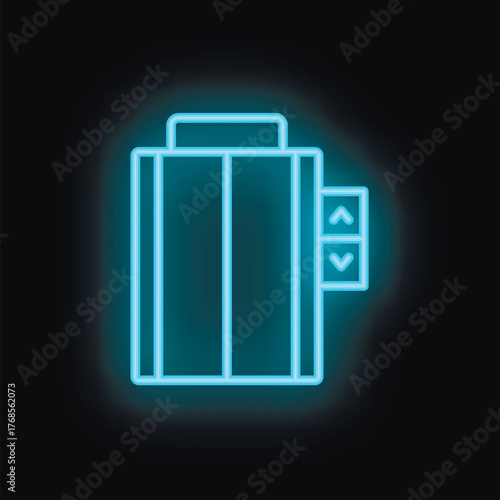 Blue neon icon of an elevator glowing against a black background