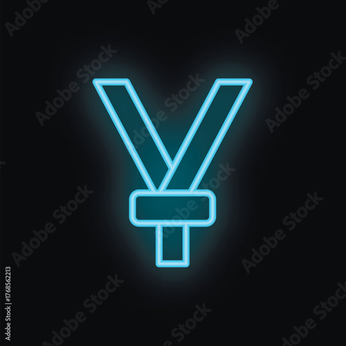 Blue neon seat belt sign glowing on a black background