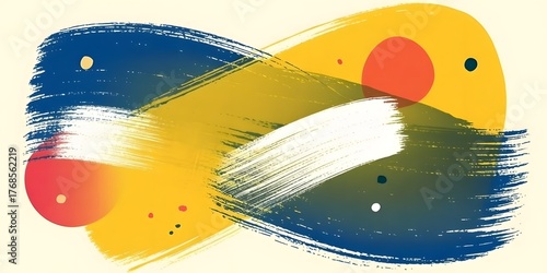 Abstract brush strokes in blue, yellow, and red with scattered dots