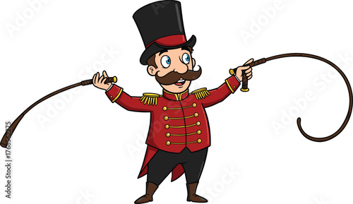 "Cartoon circus ringmaster character with top hat and two whips, cheerful showman illustration, performance artwork, playful entertainment design theme"