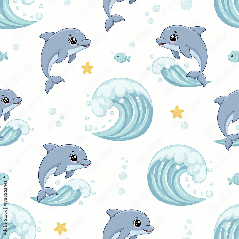 Fototapeta premium Seamless pattern of dolphins and waves, vector, white background