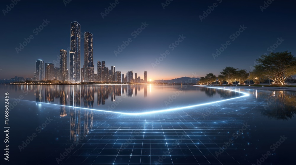 Fototapeta premium Futuristic Cityscape at Dusk with Digital Grid Reflection