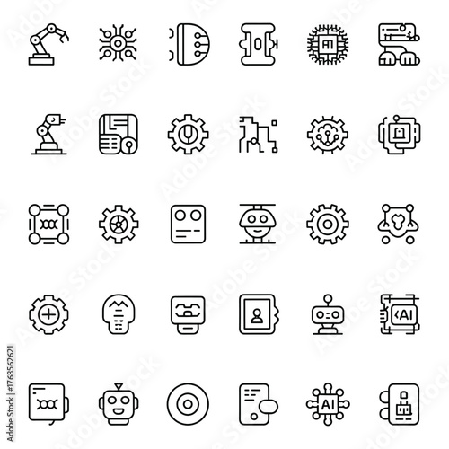 Editable AI & Robotics Line Icons, Minimalist Stroke Symbols of Machine Learning, Neural Networks, Automation, Smart Technology, Data Science, and Digital Innovation