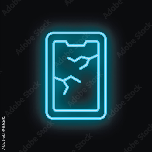 Blue neon sign depicting a smartphone with a cracked screen, symbolizing phone damage