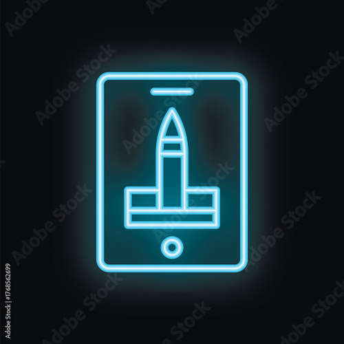 Neon sign is glowing in the dark, showing a smartphone with a rocket taking off from its launchpad