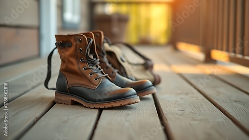 satchel. A pair of worn leather boots and a simple canvas satchel resting on a new wooden porch. lifestyle magazines.