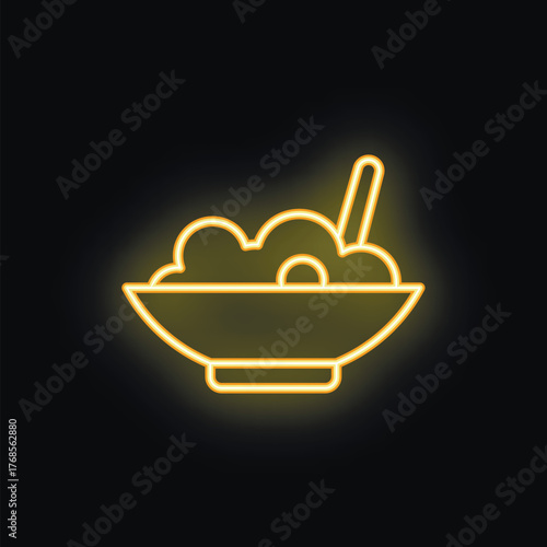 This vector illustration features a glowing neon style icon of a bowl filled with food and a spoon