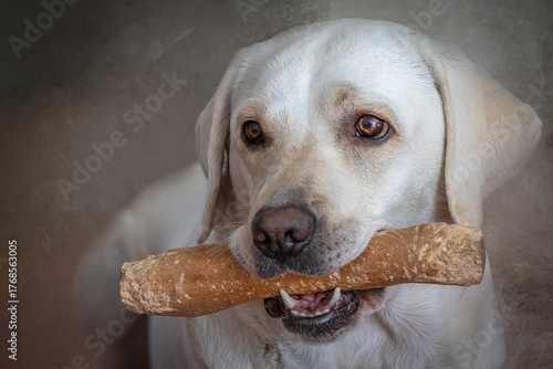Adorable Yellow Labrador Dog Holding Favorite Chew Stick Toy Treat