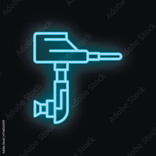 Blue glowing neon icon of boat motor isolated on black background