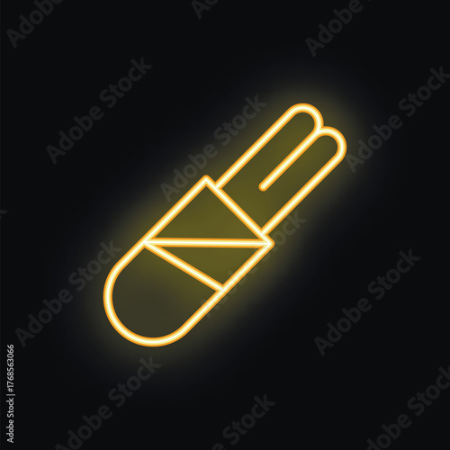 Neon icon of fluorescent light bulb glowing on black background