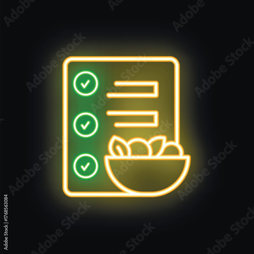 Glowing neon icon of a diet plan with checklist and a salad bowl, perfect for health and wellness content