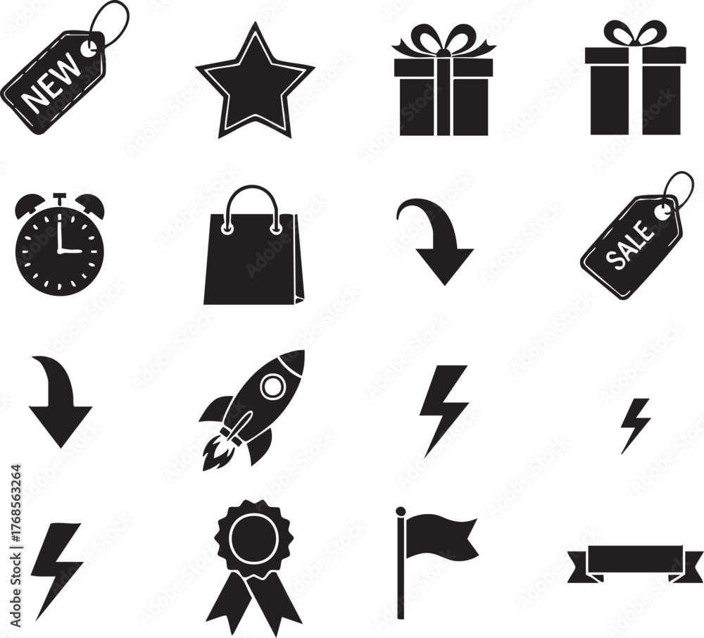 Fototapeta premium Adobe Illustrator Artwork Marketing and E-commerce Icon Set - New, Star, Gift, Sale, Bag, Rocket, Lightning, Badge, Flag, Banner