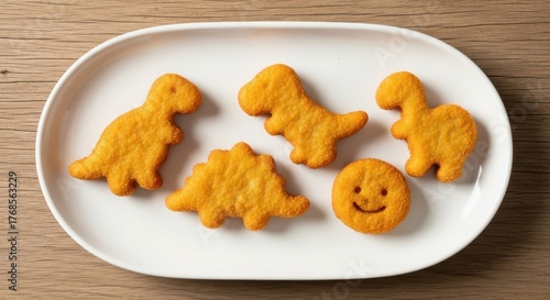Fun dinosaur shaped chicken nuggets and a smiling egg on a white plate for kids meal