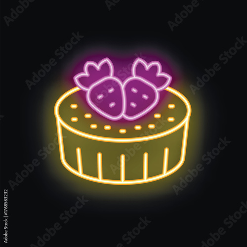 Glowing neon sign of appetizing freshly made cake decorated with juicy strawberries