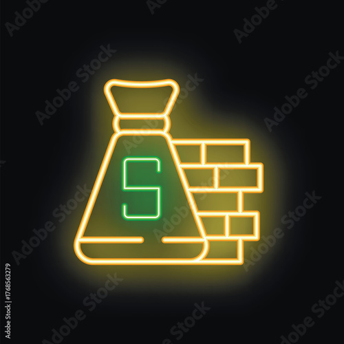 Neon sign of a money bag standing near a brick wall, representing the concept of investment in construction