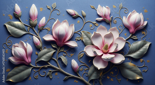 Luxurious Magnolia Blossom 3D Relief Mural. 3D Wall Mural. floral landscapes. 3d floral art, floral wallpaper, Luxurious textile tile wall art