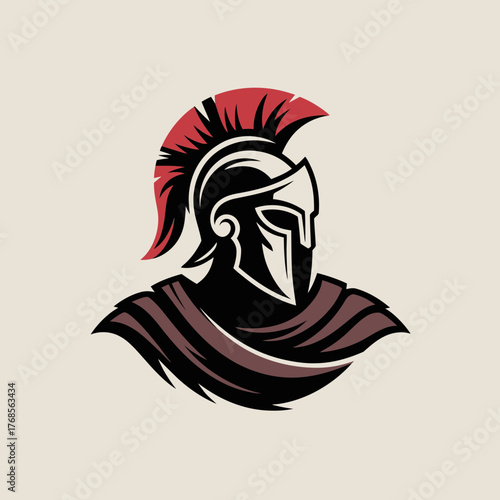 Spartan Warrior Logo, Spartan Helmet Icon, Warrior Profile Symbol, Red Plume Mark, Ancient Gladiator Design, Helmet Cape Graphic, Trojan Emblem, Legionnaire Logo, Greek Soldier Icon, Warrior Crest Sym