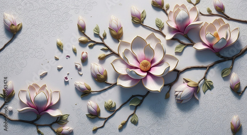 Luxurious Magnolia Blossom 3D Relief Mural. 3D Wall Mural. floral landscapes. 3d floral art, floral wallpaper, Luxurious textile tile wall art
