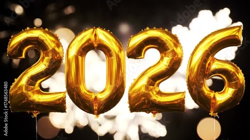 Gold New Years 2026 celebration balloons and fireworks banner illustration