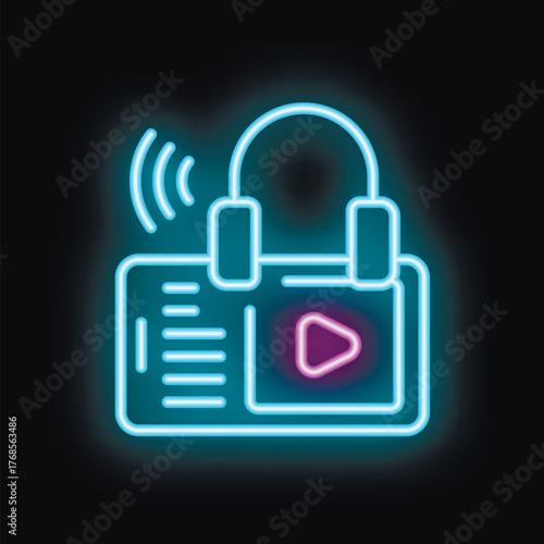 Neon sign representing a mobile phone playing a video, with headphones on it, ideal for music and video streaming concepts