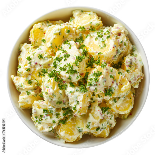 Fresh Creamy potato salad on white bowl top view isolated on transparent background